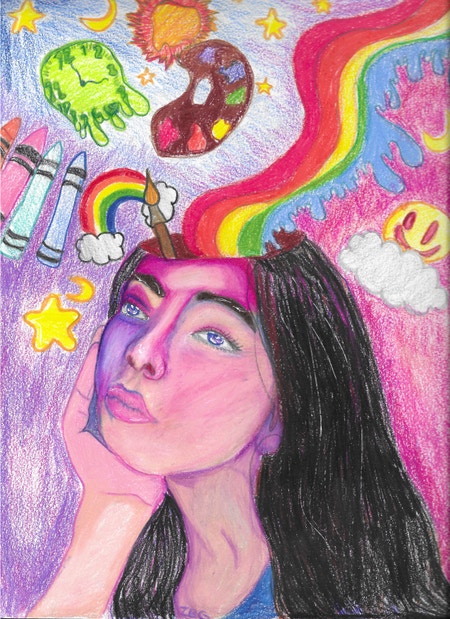 A Colorful Mind - By Zoey G. - A colorful drawing of a person thinking, whose head is surrounded by various art supplies.