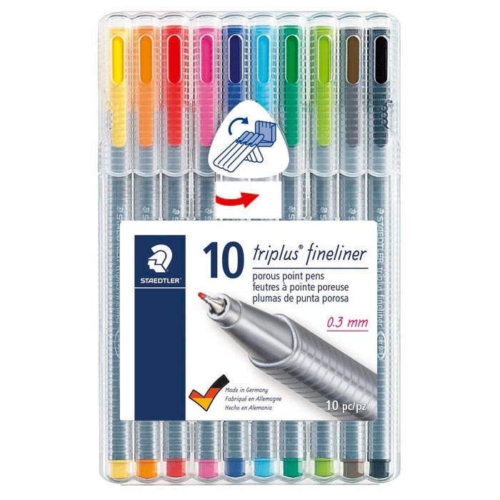 Staedtler Triplus Fineliner Marker Pens, 0.3 mm, Assorted Colors, Set of 10