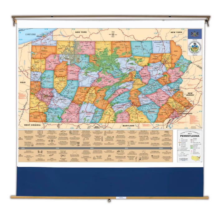 Nystrom Pennsylvania Pull Down Roller Classroom Map, 64 x 50