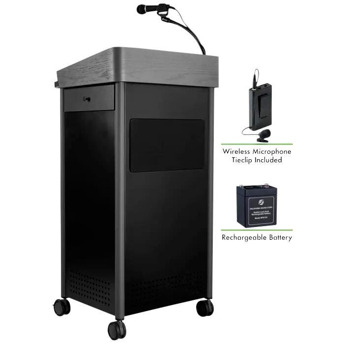 Oklahoma Sound Greystone Lectern with Sound, Rechargeable Battery and Wireless Lavalier Mic, 23-1/2 x 19-1/4 x 45-1/2 Inches