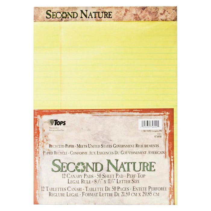 TOPS Second Nature Legal Pad, 81/2 x 11-3/4 Inches, Legal Ruled, Canary, 50 Sheets, Pack of 12