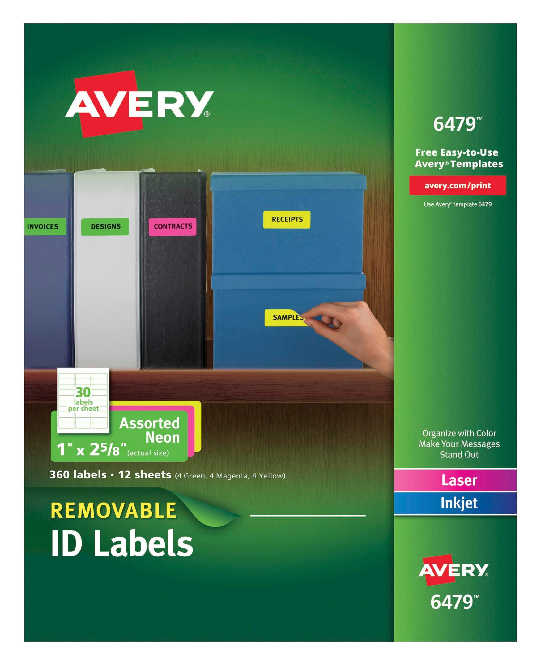 Avery Removable Labels, 1 x 2-5/8 Inches, Assorted Neon, Pack of 360 1404694