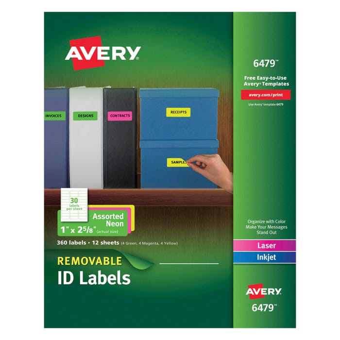 Avery Removable Labels, 1 x 2-5/8 Inches, Assorted Neon, Pack of 360