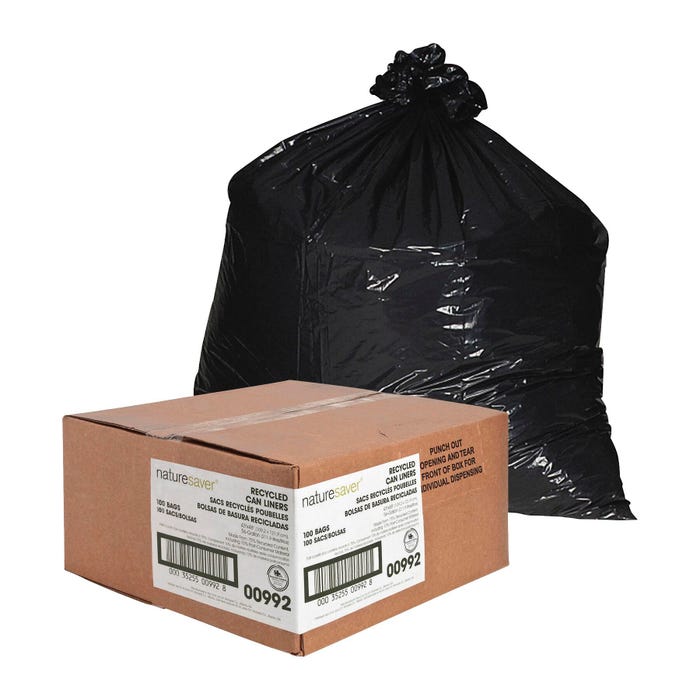 Nature Saver Low Density Recycled Can Liners, 56 Gallon, 1.25 mil, Black, 100 Count Box