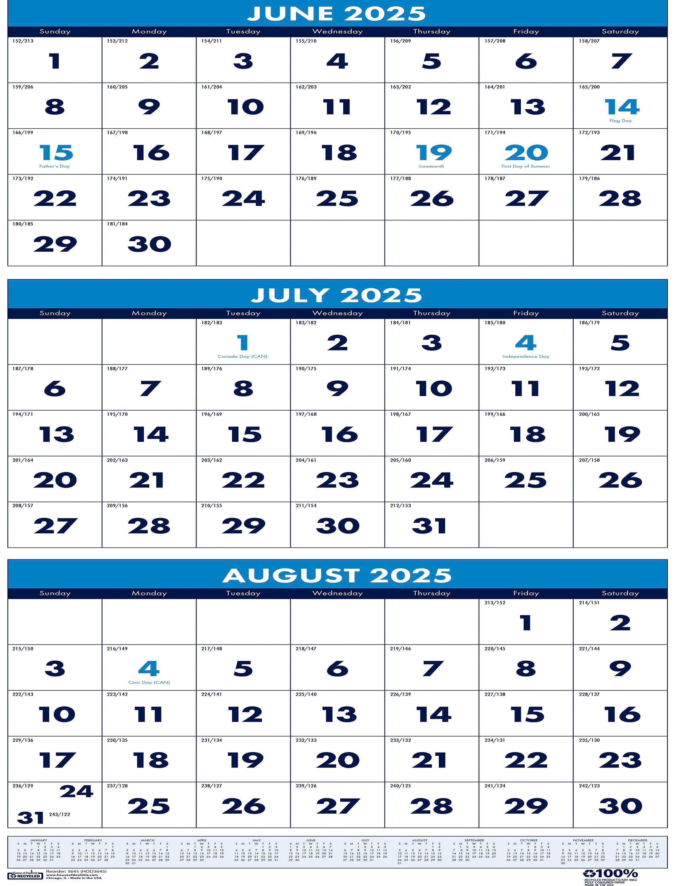House of Doolittle, Recycled, Three Month Academic Wall Calendar, 14 Months, June 2025-July 2026, 8 x 17 Inches 2150933