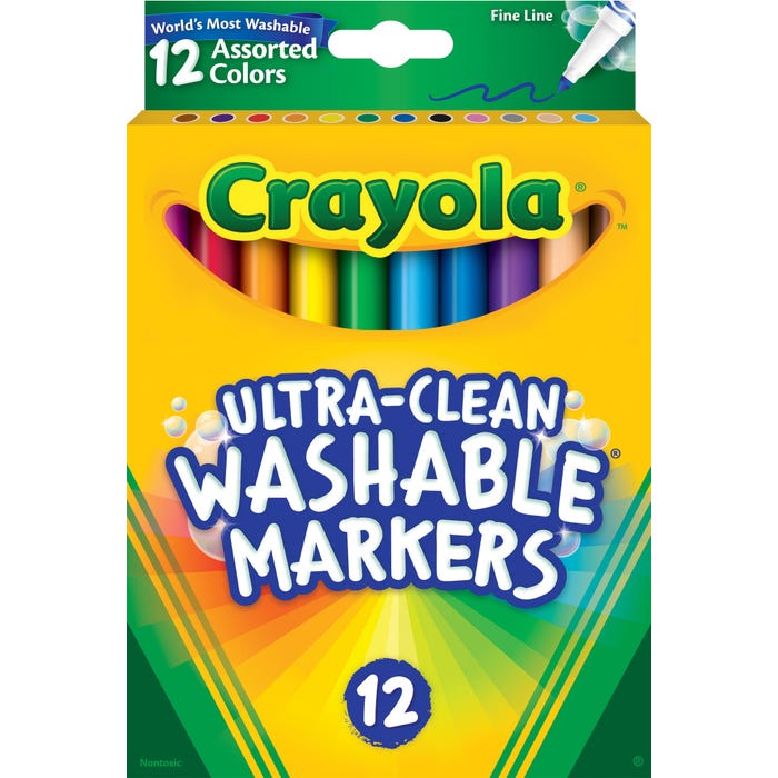 Crayola Ultra-Clean Washable Markers, Fine Line, Assorted Colors, Set of 12
