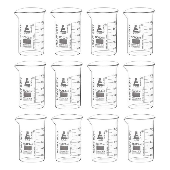 Eisco Labs Heavy Duty Beaker, Borosilicate Glass, 100mL, Pack of 12