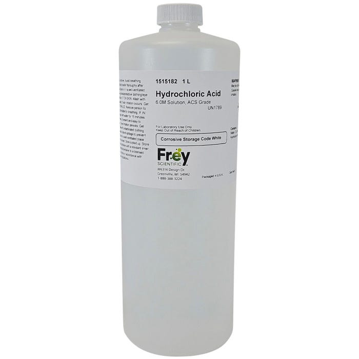 Frey Scientific Hydrochloric Acid, 6.0M Solution, Reagent Grade, 1 Liter