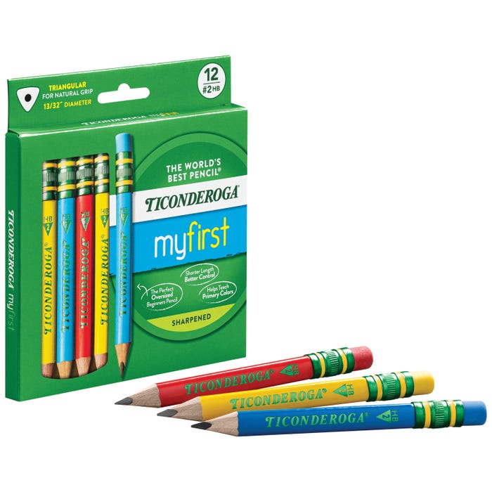 Ticonderoga My First Short Triangular Wood-Cased Pencils, No 2 HB Soft, Assorted Primary Colors, Pack of 12