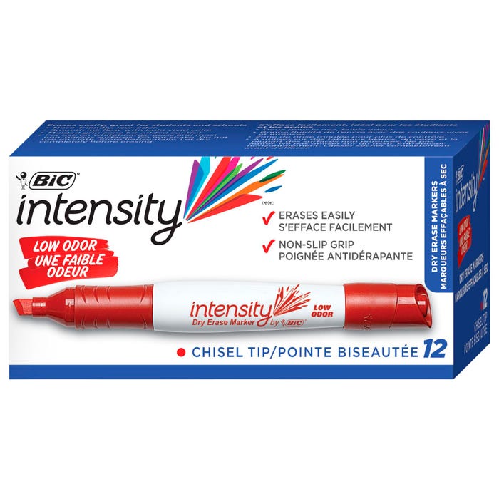 BIC Intensity Low Odor Dry Erase Markers, Chisel Tip, Red, Pack of 12