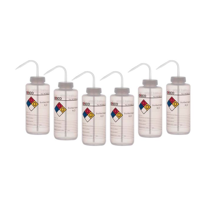 Eisco Labs Distilled Water Wash Bottle, 1000 mL, Wide Mouth, LDPE (4 color), Pack of 6