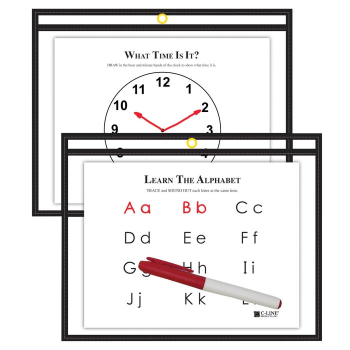 C-Line Reusable Dry Erase Horizontal Pockets, Black, 12 x 9 Inches, Pack of 150