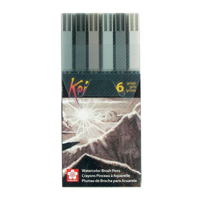 Sakura Koi Dye-Based Coloring Brush Marker, Flexible Nylon Tip, Gray, Set of 6