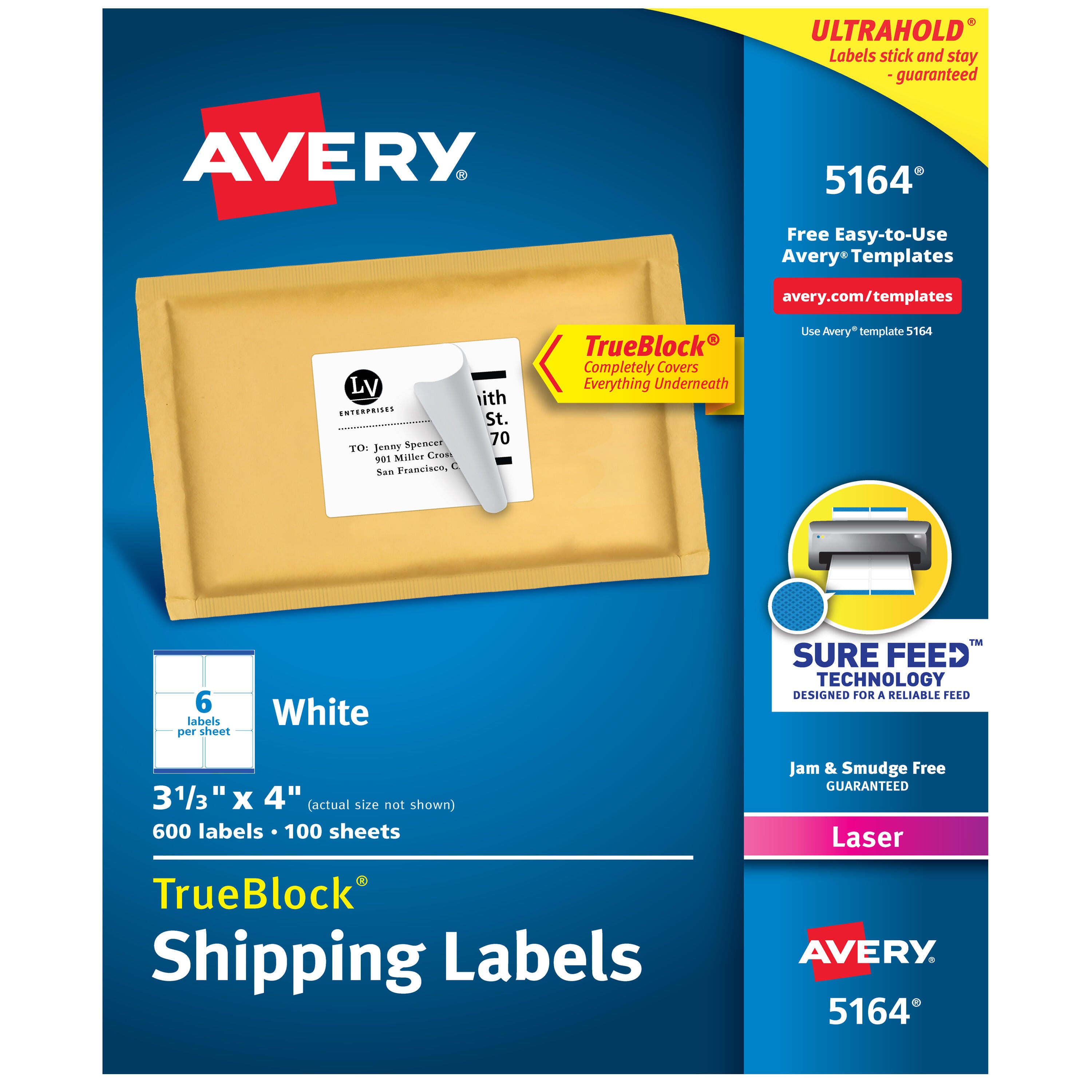 Image for Avery TrueBlock Shipping Labels, Laser, 3-1/3 x 4 Inches, White, Pack of 600 from School Specialty