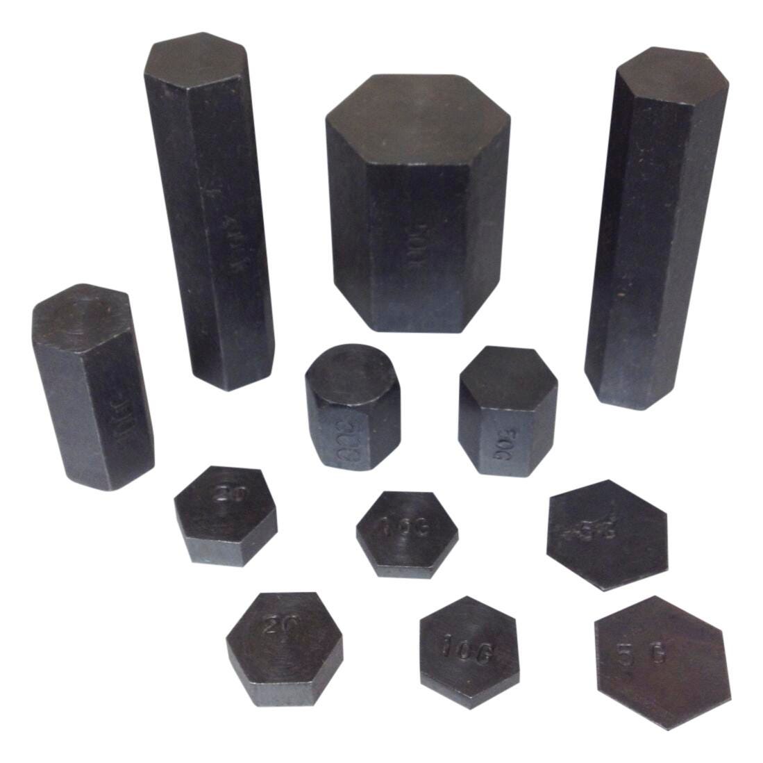 Frey Scientific Hexagonal Metric Masses, 5 to 500 Grams, Steel, Black, Set of 12, Item Number 593866
