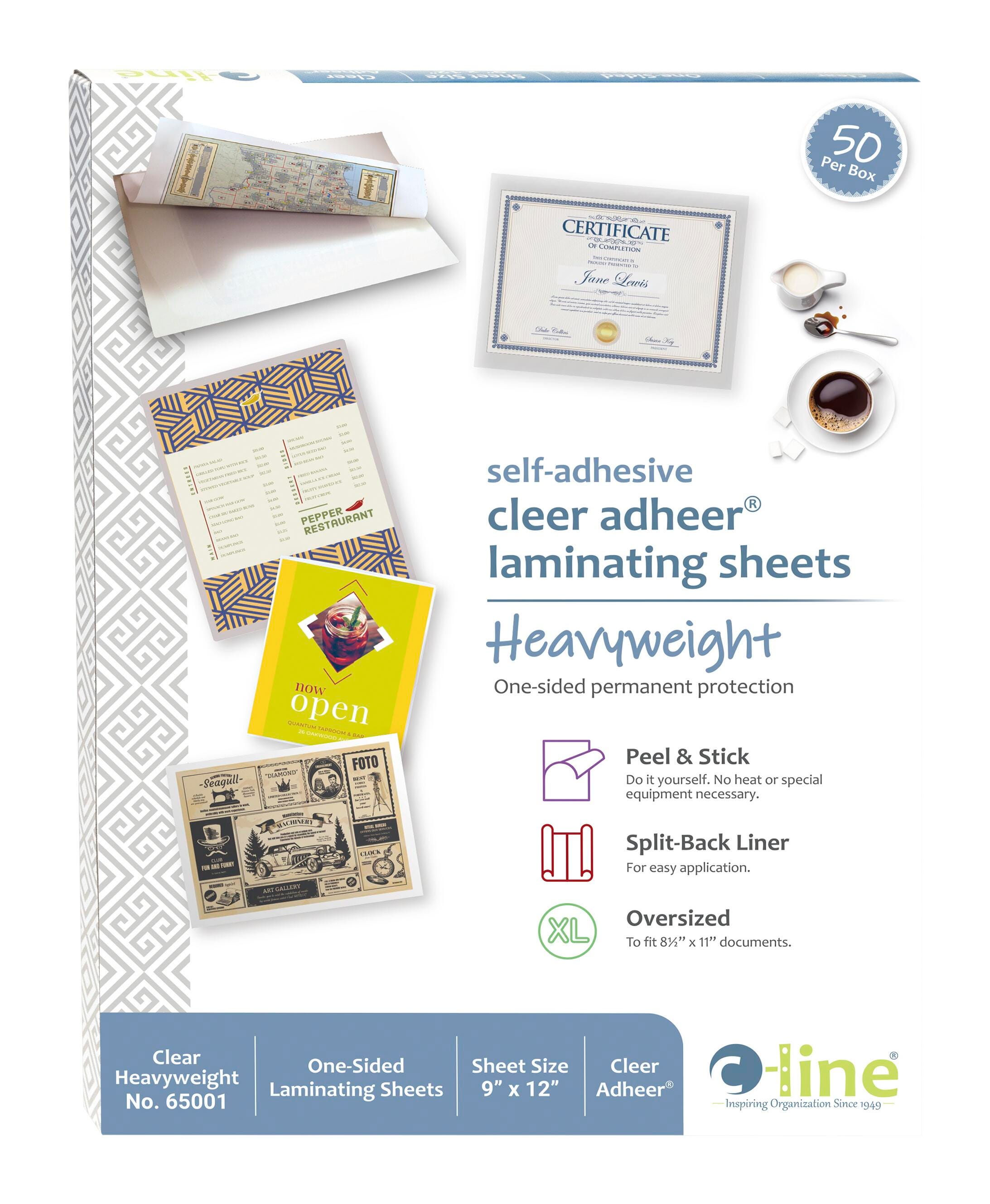 C-Line Cleer Adheer Heavyweight Laminating Sheet, 9 x 12 Inches, Pack of 50, Item Number 2021276