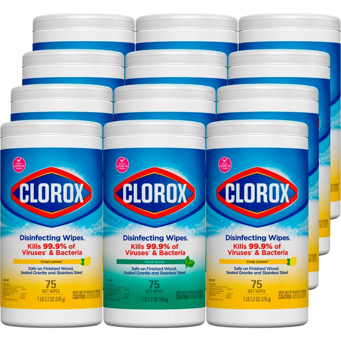 Clorox Bleach Free Disinfecting Wipes, Crisp Lemon and Fresh Scents, Case of 12 with 75 Sheets Each