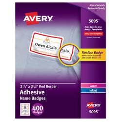Avery Adhesive Name Badges, 2-1/3 x 3-3/8 Inches, Red Border, Pack of 400, Item Number 1054551