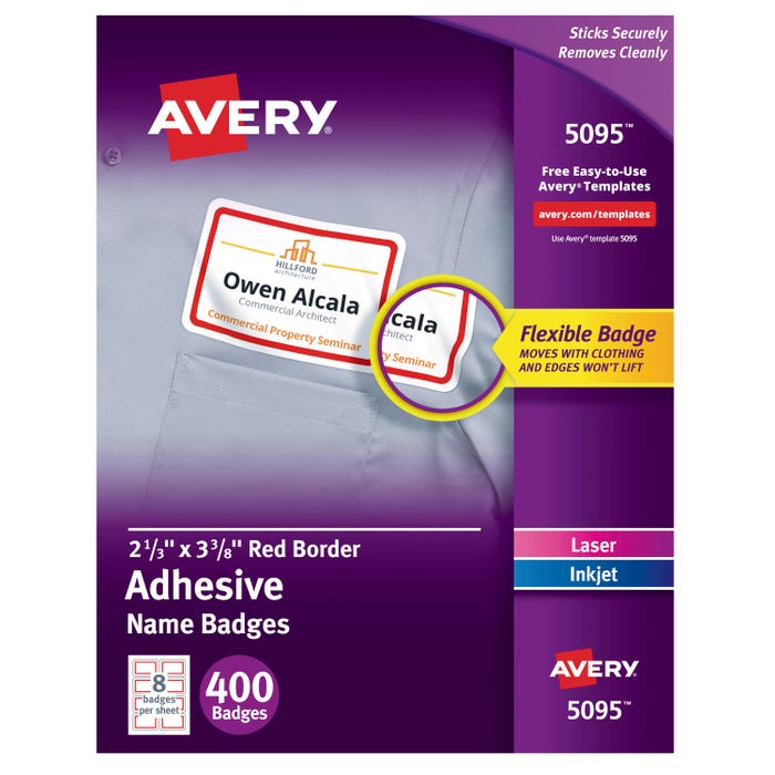 Avery Adhesive Name Badges, 2-1/3 x 3-3/8 Inches, Red Border, Pack of 400