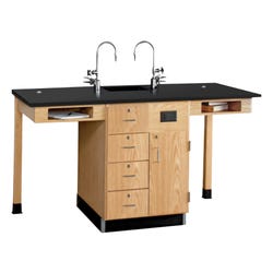 Diversified Spaces Kinetic Two-Student Modular Island with Sink, 66 x 30 x 36 Inches, Oak/Hardwood, Epoxy Resin Top