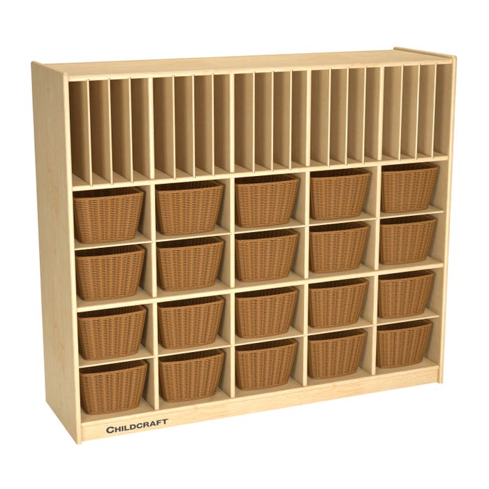 Childcraft Mobile Folder and Cubby Storage Unit, Inserts, Cubbies, 20 Wicker Baskets, 47-3/4 x 14-1/4 x 42 Inches