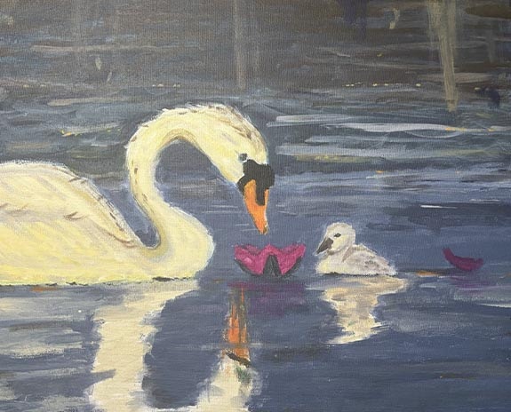 Acrylic painting of a mother and baby swan in a pond.