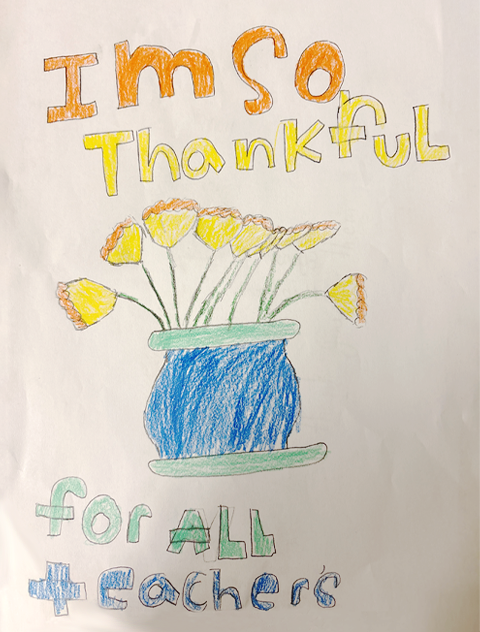Pencil and Crayon drawing of a flower vase that reads, 'I'm so Thankful for All Teachers'