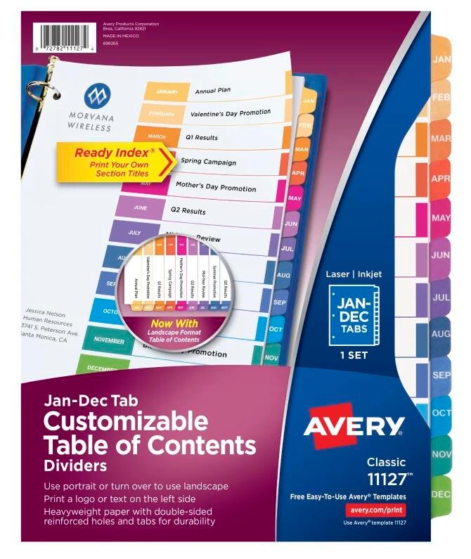 Avery Ready Index Dividers, 12 Tab, Jan-Dec, Assorted Colors, 1 Set 078527