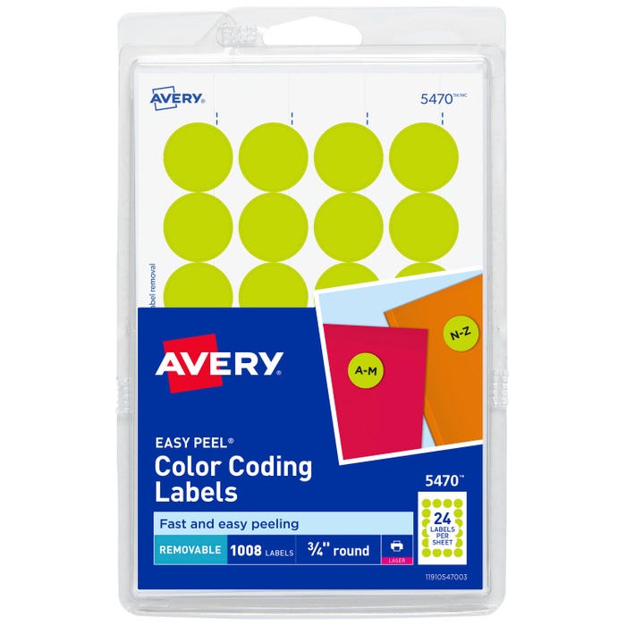 Avery Printable Color Coding Labels, 3/4 Inch Diameter, Neon Yellow, Pack of 1008