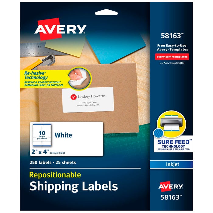 Avery Repositionable Shipping Labels, Inkjet, 2 x 4 Inches, Pack of 250