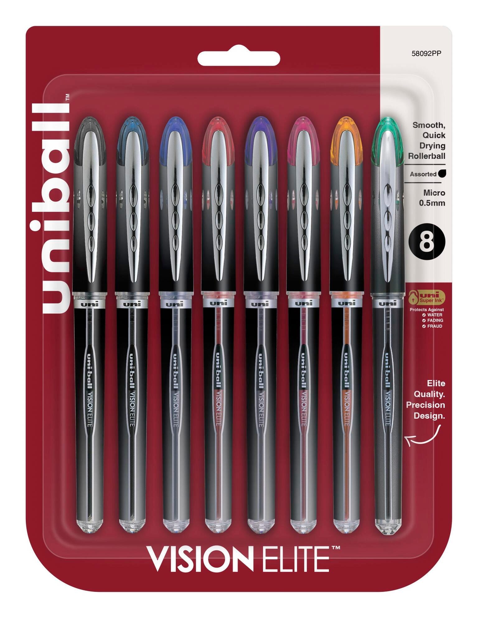 uniball Vision Elite Roller Ball Stick Pen, 0.5 mm Micro Tip, Assorted Colors, Set of 8 087180