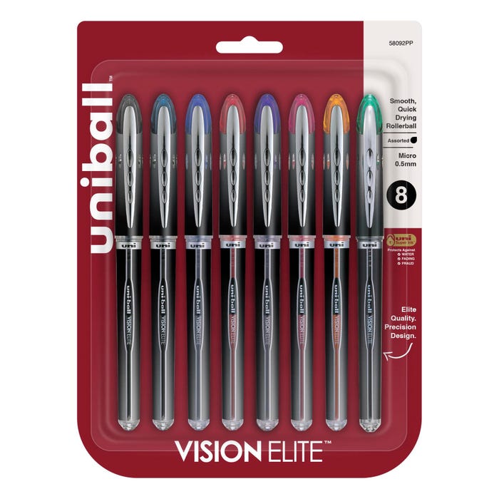 uniball Vision Elite Roller Ball Stick Pen, 0.5 mm Micro Tip, Assorted Colors, Set of 8
