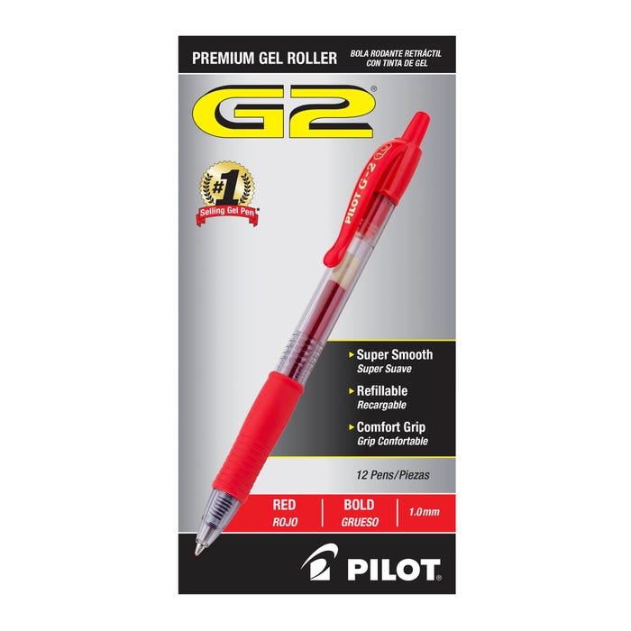 Pilot G2 Premium Retractable Gel Ink Rolling Ball Pen, Bold Point, Red Ink, Pack of 12