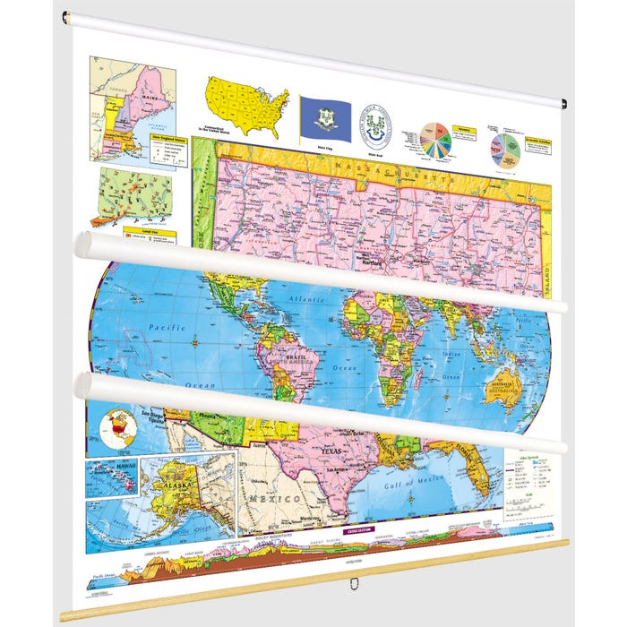 Social Studies CONNECTICUT/U.S./WORLD MAP COMBO, Markable, Erasable, Grades 4-12