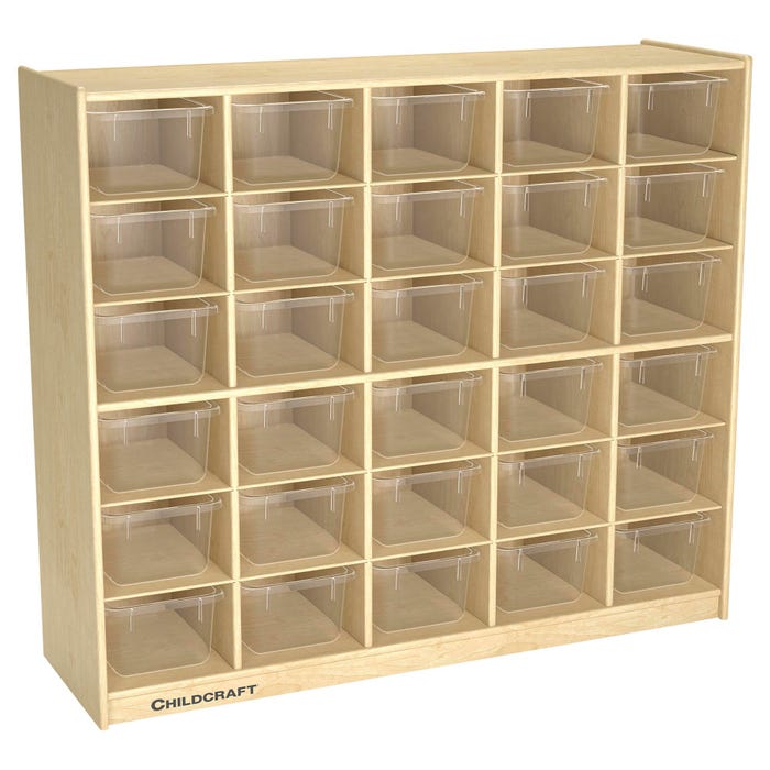 Childcraft Mobile Cubby Storage Unit, 30 Clear Trays, 47-3/4 x 14-1/4 x 42 Inches