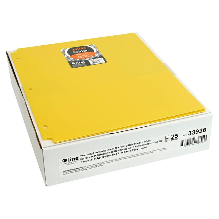 C-Line 2-Pocket Poly Folder, 3 Hole Punched, Yellow, Pack of 25