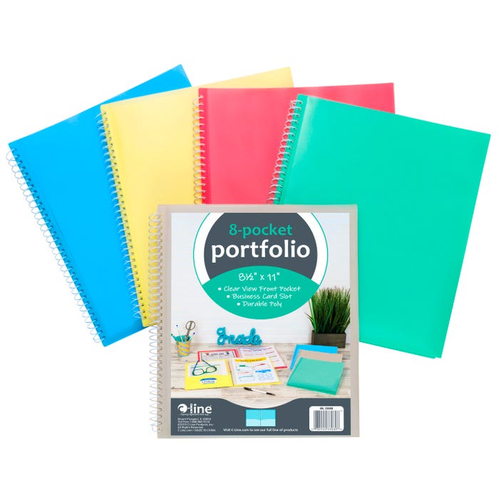 C-Line Spiral Poly Portfolio, 8-1/2 x 11 Inches, 8 Pockets, Assorted Colors