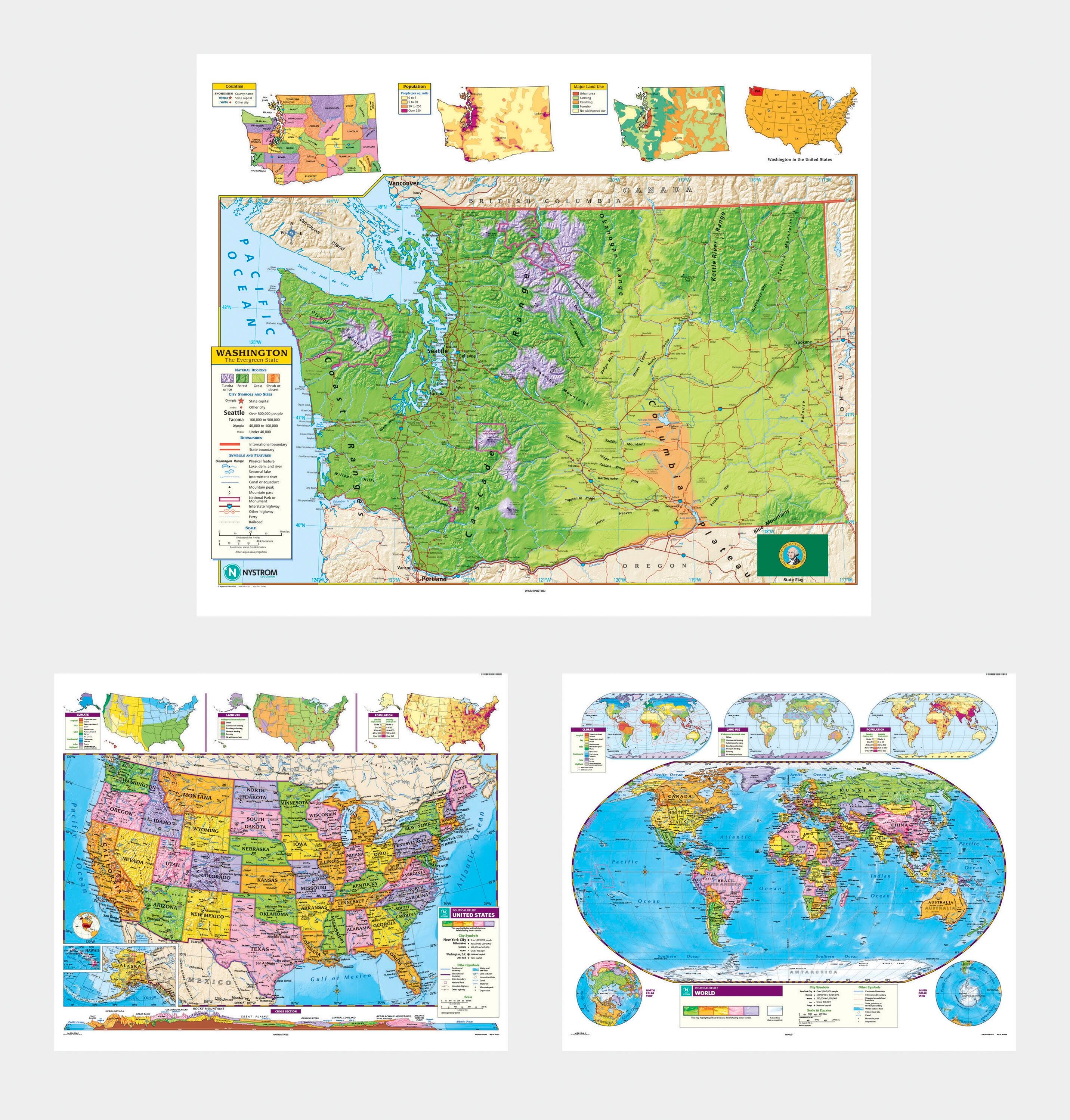 Social Studies WASHINGTON/U.S./WORLD MAP COMBO , Markable, Erasable, Grades 4-12, Item Number 1566331