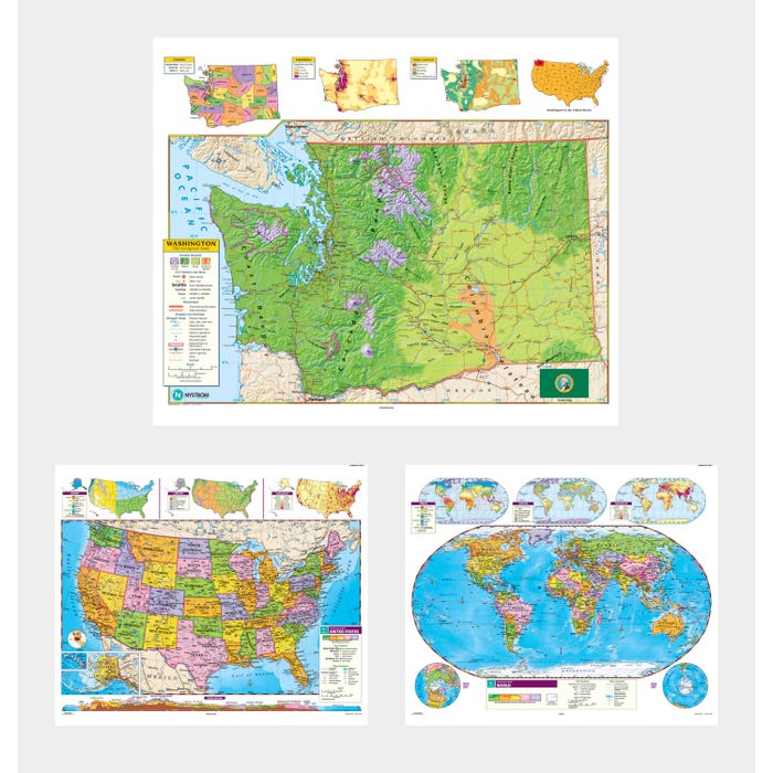 Social Studies WASHINGTON/U.S./WORLD MAP COMBO , Markable, Erasable, Grades 4-12