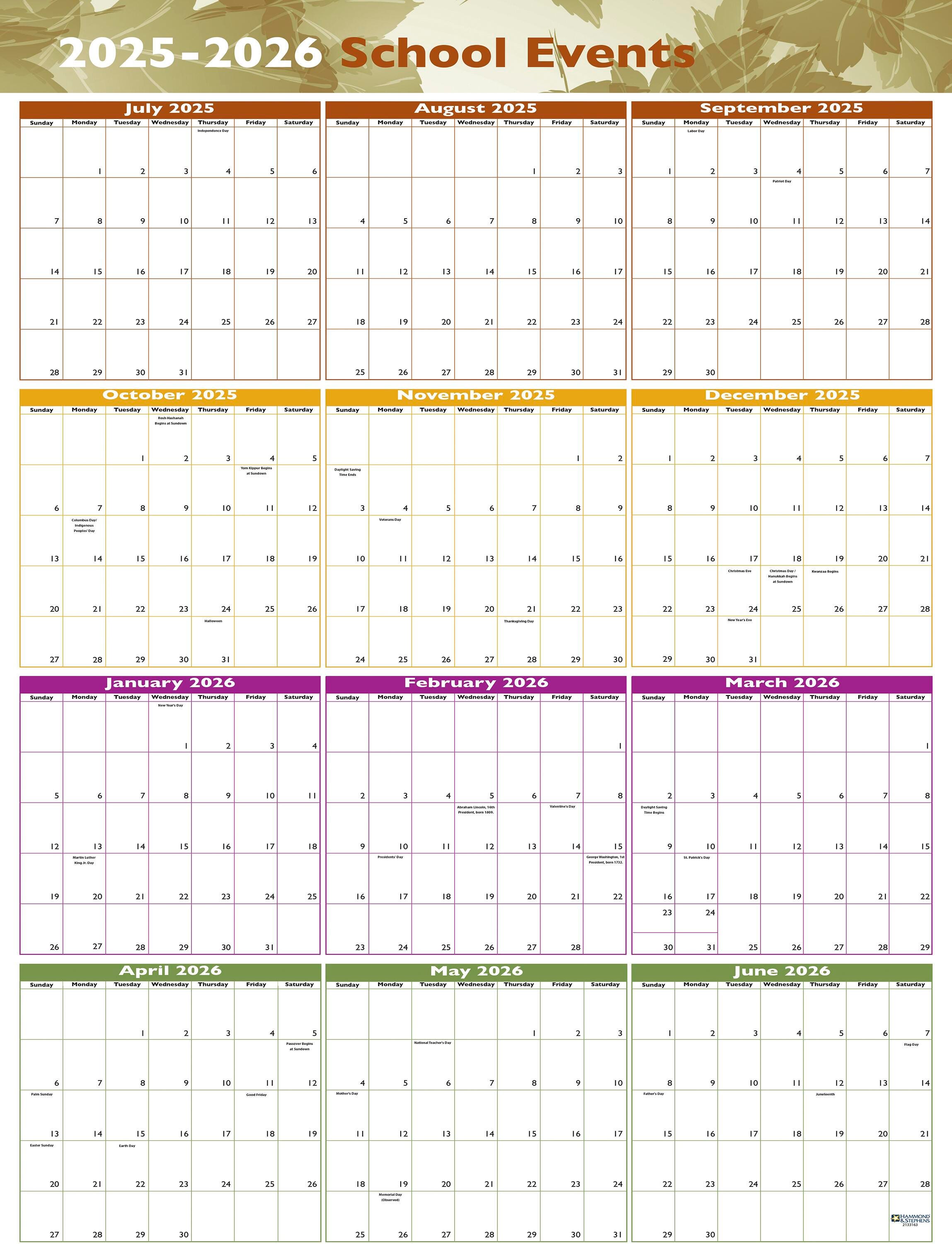 Hammond & Stephens, School Events Wall Calendar, July 2025-June 2026, Set of 5, 24 x 36 Inches 2150943