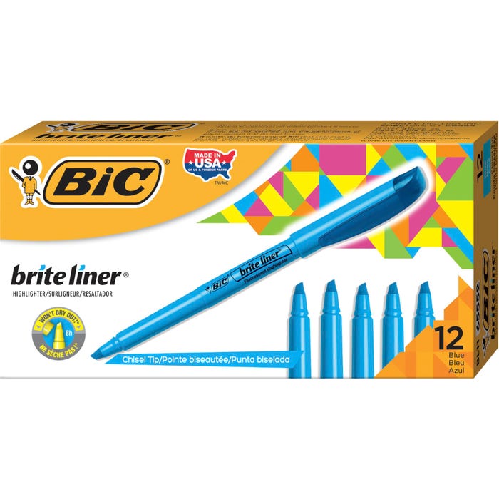 BIC Brite Liner Pocket Style Highlighter, Chisel Tip, Blue, Pack of 12