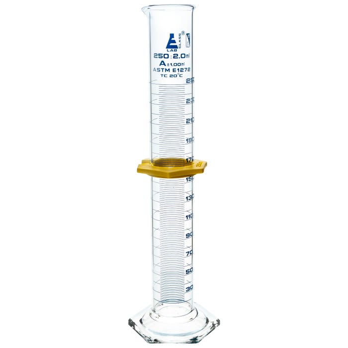 Eisco Premium Graduated Cylinder, 250mL, Class A , Borosilicate Glass, Blue Graduations