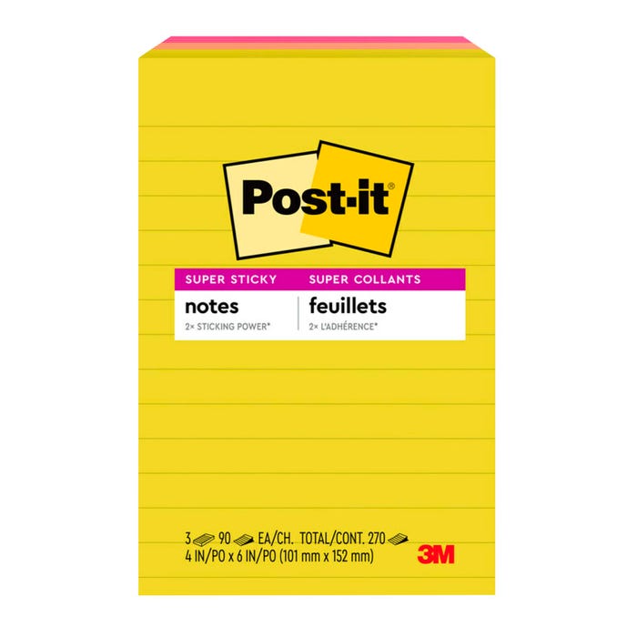 Post-it Super Sticky Notes, 4 x 6 Inches, Summer Joy, Lined 3 Pads per Pack, 90 Sheets per Pad