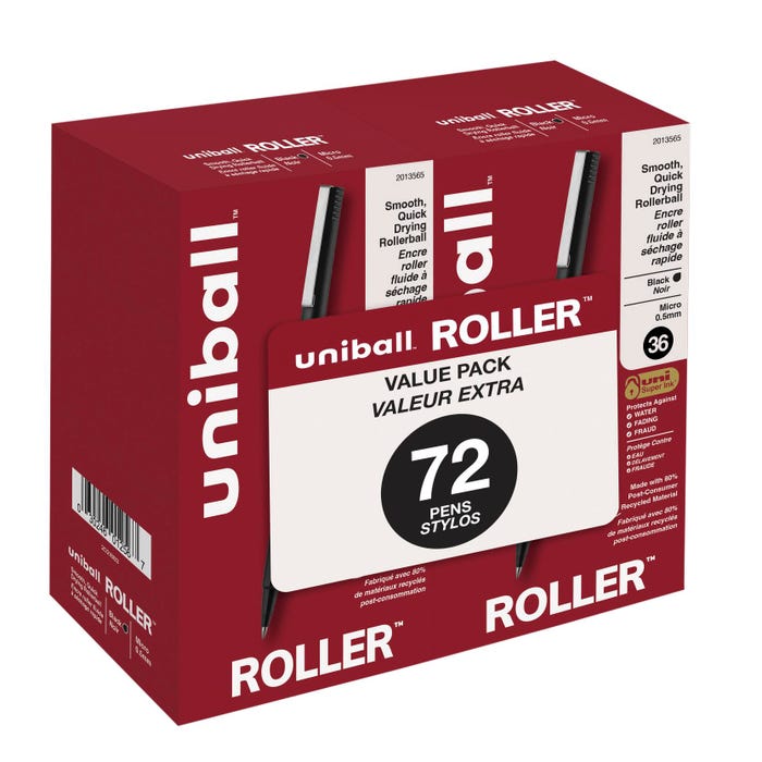 uniball Roller Ball Stick Pens, 0.5 mm Micro Tip, Black, Pack of 72