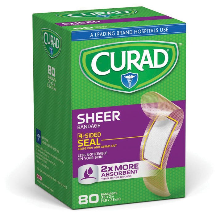 Curad Latex-Free Sterile Adhesive Bandage, 3/4 X 3 in, Sheer, Pack of 80