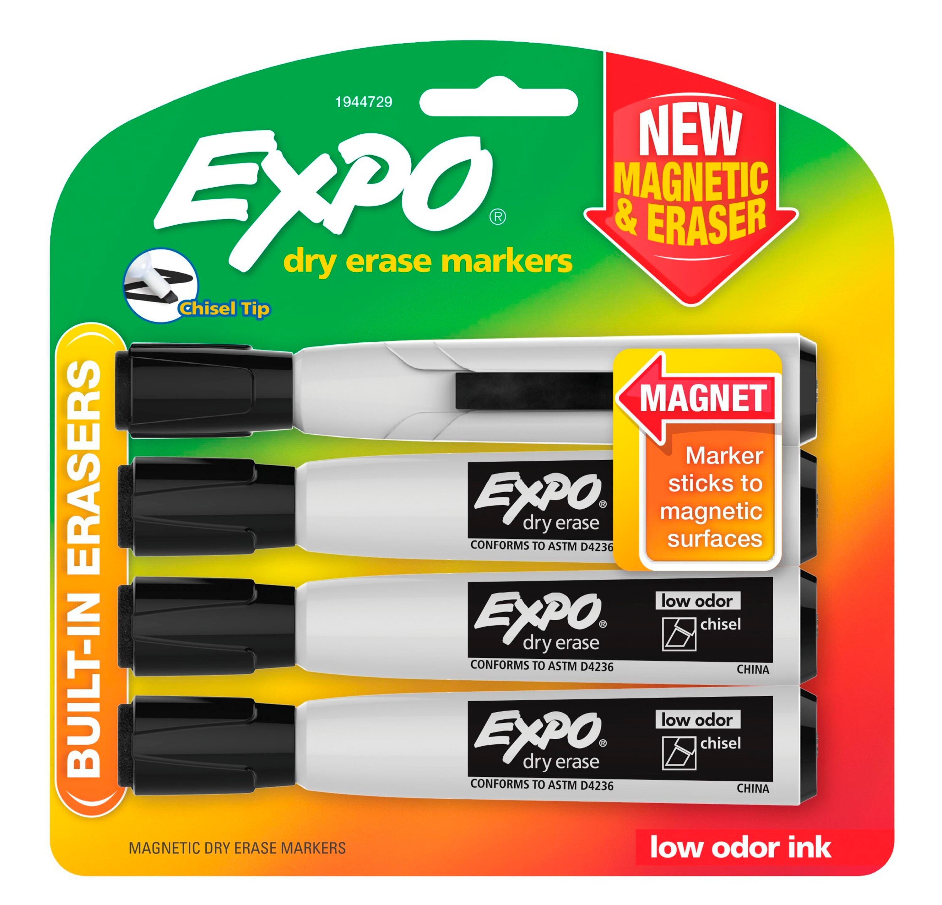 EXPO Magnetic Dry Erase Markers Erasers, Chisel Tip, Black, Set of 4 1570264