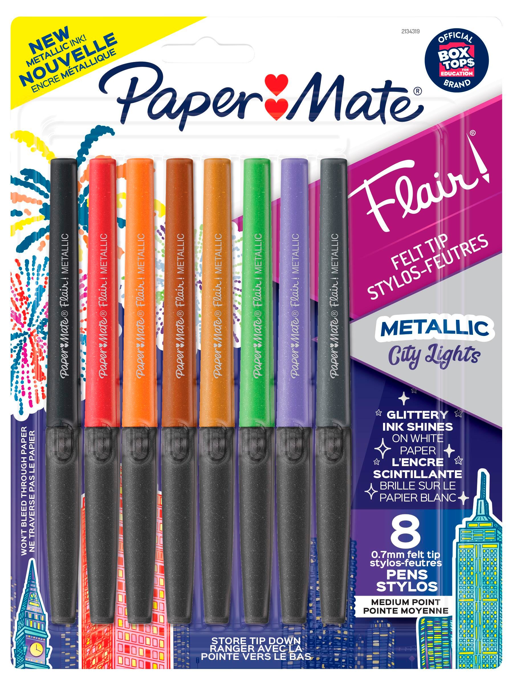 Paper Mate Flair Felt Tip Pens, Medium Point, 0.7 mm, Assorted Metallic City Lights Colors, Set of 8 2086811