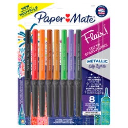 Paper Mate Flair Felt Tip Pens, Medium Point, 0.7 mm, Assorted Metallic City Lights Colors, Set of 8 2086811