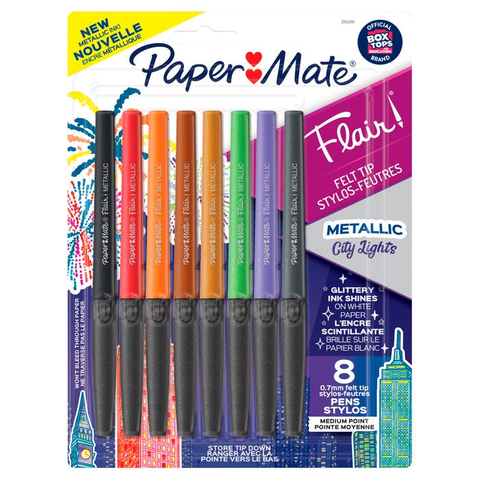 Paper Mate Flair Felt Tip Pens, Medium Point, 0.7 mm, Assorted Metallic City Lights Colors, Set of 8