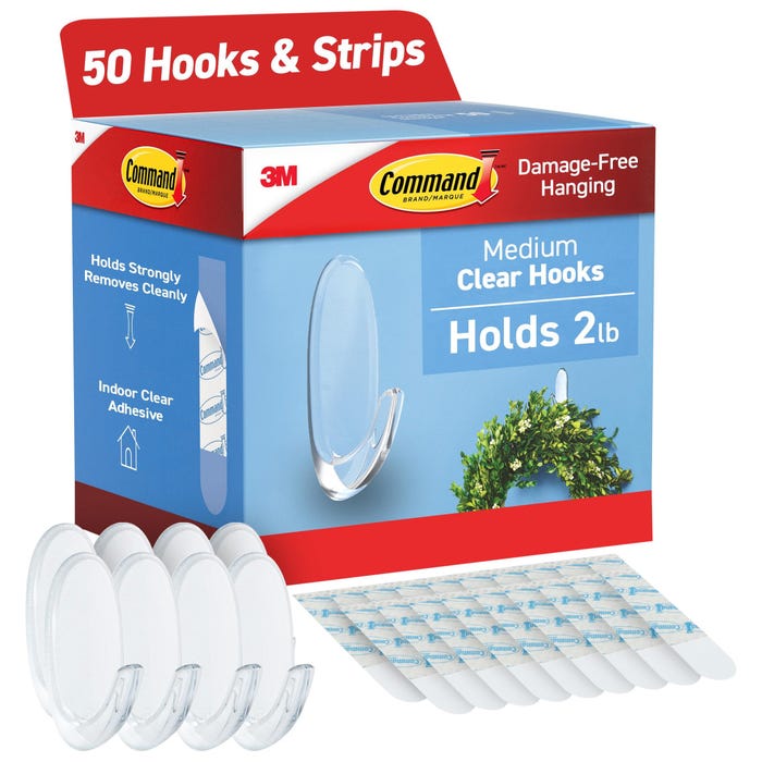 Command Designer Hook Trial Pack with Adhesive Strip, 1 Hook and 1 Strip, Medium Size, Plastic, Clear, Pack of 50